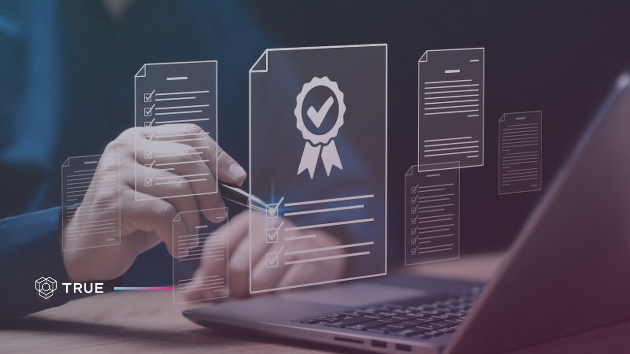 Checking whether a certificate is real: a person at a laptop with a verified certificate and checklists shown as an overlay