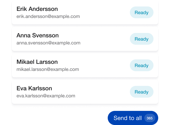 Digital certificate distribution dashboard with recipient list (names and emails) displaying Ready status badges and a blue ‘Send to all 365’ bulk send button